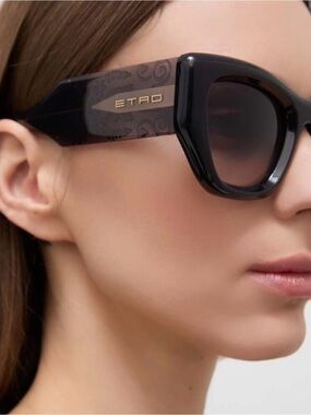 Etro Black Gloss Cat-Eye Sunglasses with Gold Logo